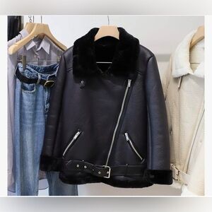 Winter Women Faux Leather Lambs Leather Jacket Moto Biker Coat Fur Collar Zipper
